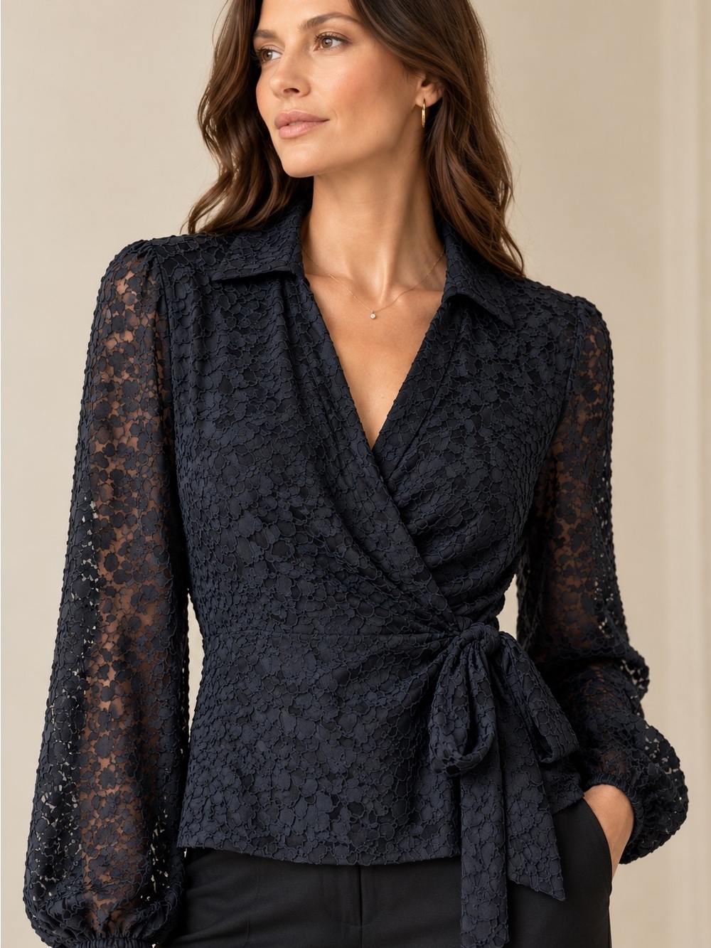 Lafayette 148 NY Silk Blend Long Sleeved Black Wrap Top Burnout Size 8